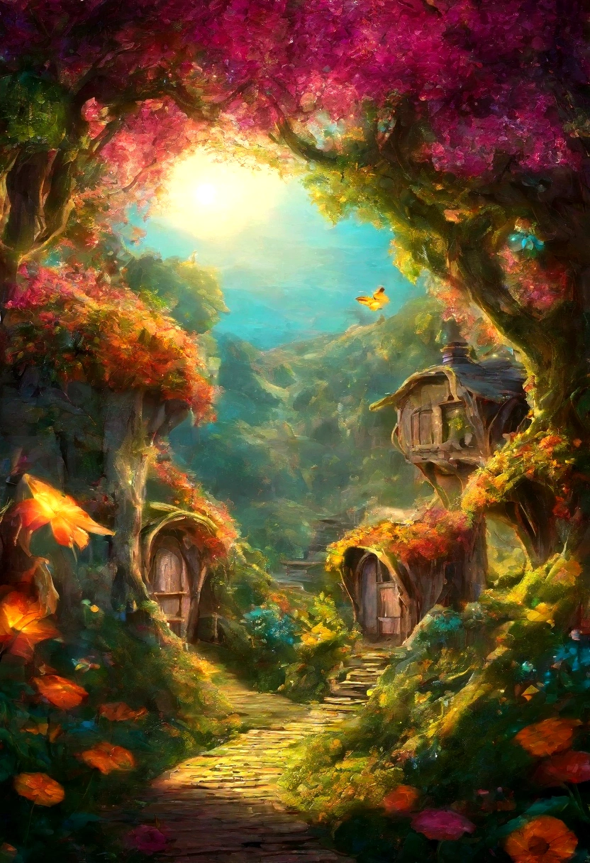 A breathtaking, high-contrast cinematic 8K 3D Disney-style rendering, a panoramic aerial view of a fairy-tale village nestled in a lush forest with dozen of dens, . The dens are build in the middle of ancient trees giving then fresh air and shadow. Around the dens, vegetable gardens and gardens full of multicolored flowers and paths lined with grass and multicolored flowers