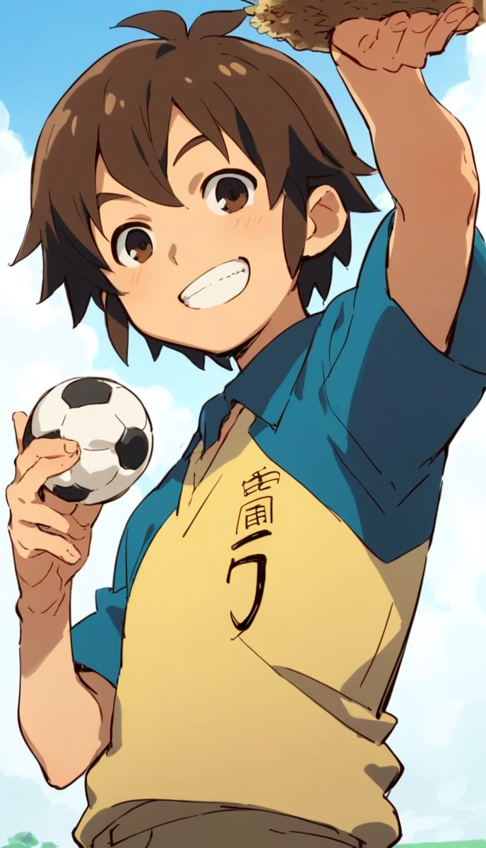 anime, One boy, Handa Shinichi, Brown Hair, Brown eyes, Raimon Soccer Uniform, Pause, smile, View your viewers, Eat rice balls、piece、No background