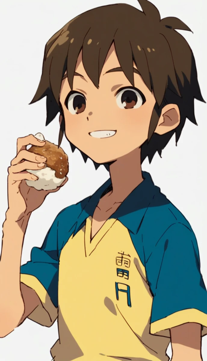 anime, One boy, Handa Shinichi, Brown Hair, Brown eyes, Raimon Soccer Uniform, Pause, smile, View your viewers, Eat rice balls、piece、No background