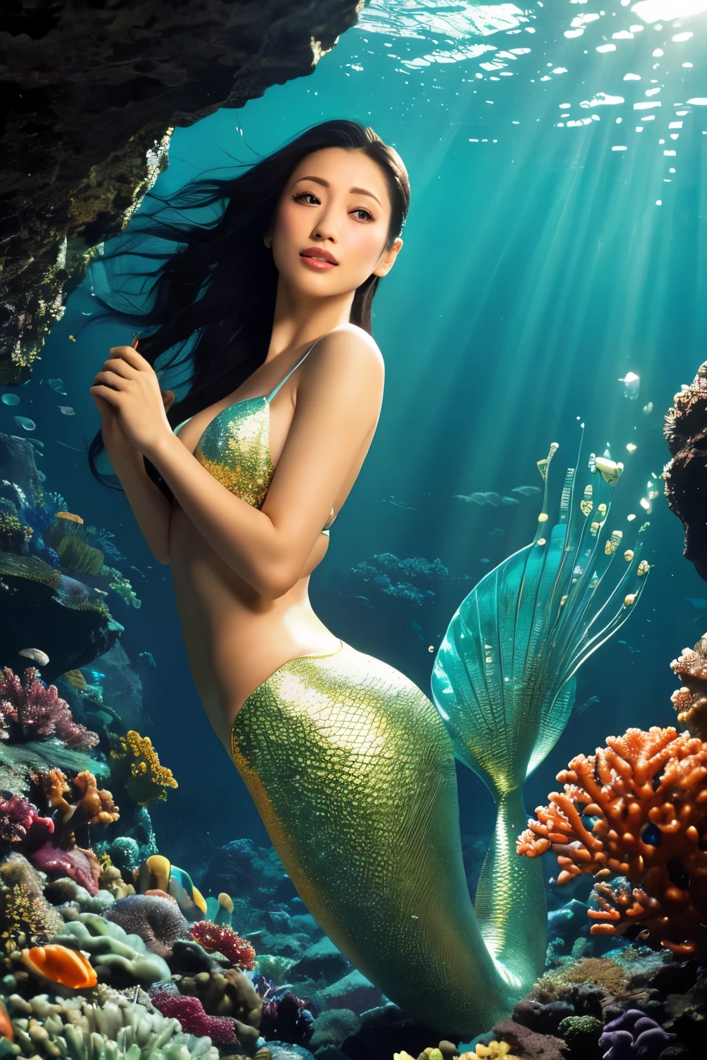 (Highest quality、Tabletop、8K、Best image quality、Hyperrealism)、(Gorgeous beautiful mermaid:1.1)、(The most gorgeous and finest mermaid:1.3)、(A mermaid swimming among the mysterious and beautiful rocks of the deep sea:1.2)、(Beautiful rocky backdrop in the deepest ocean:1.2)、(Extremely complex and detailed depiction of the deep ocean:1.1)、(Lots of small tropical fish and coral reef in the background:1.3)、(A detailed depiction of the deepest and most beautiful ocean:1.1)、(An unimaginably beautiful and mysterious depiction of the deep underwater world:1.1)、(Accurate mermaid tail:1.1)、Clear and detailed background,、(Accurate anatomy:1.2)、(Beautiful, shiny, rough scales:1.2)、(The background is a beautifully shining seabed:1.1)、(Fantastic and mysterious:1.2)、(very bright and vivid:1.1)、(最も贅沢でHighest qualityのジャイアントネックレス)、Perfect Makeup、(Tyndall effect:1.1)、(Beautiful sunlight shines through the water to the bottom.:1.1)、(The finest glittering mermaid strapless bra:1.2)、(The colorful and vivid mysterious ocean floor:1.3)、(A fantastical seabed that shines extremely brightly:1.2)、Close-up of face、Danmitsu