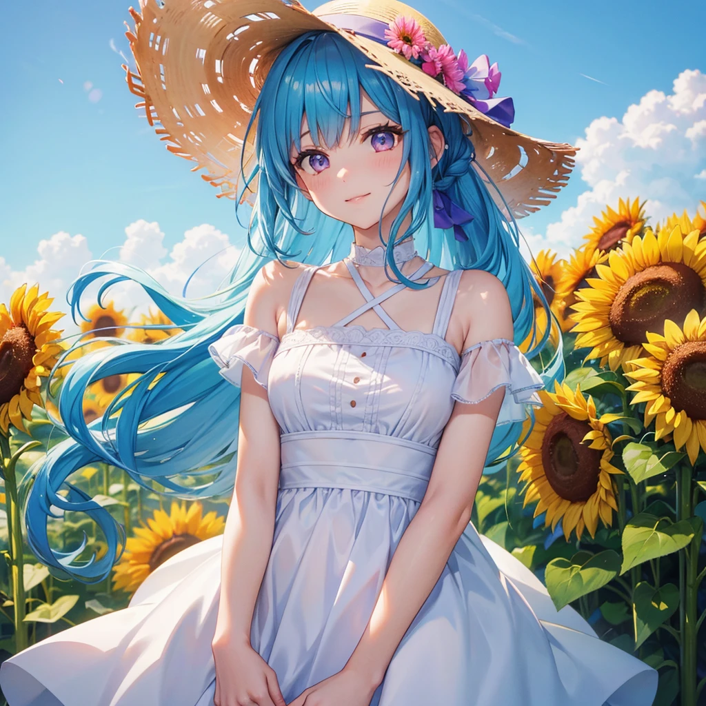 Sky blue hair, Braided Ponytail,(Pink Eyes),Fair skin ,(whole body),(One girl),summer,Sunflower field,White dress,Straight bangs,Happy smile,Straw hat,(masterpiece, Highest quality, Very detailed, Best Shadow), (Detailed Background), (Beautifully detailed face), High Contrast, (Best lighting, Very delicate and beautiful), ((Cinematic Light)), colorful, Hyper Detail, Dramatic Light, Intricate details,summerの暑い日差し,