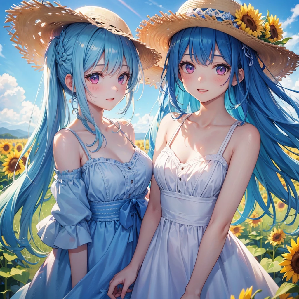 Sky blue hair, Braided Ponytail,(Pink Eyes),Fair skin ,(whole body),(One girl),summer,Sunflower field,White dress,Straight bangs,Happy smile,Straw hat,(masterpiece, Highest quality, Very detailed, Best Shadow), (Detailed Background), (Beautifully detailed face), High Contrast, (Best lighting, Very delicate and beautiful), ((Cinematic Light)), colorful, Hyper Detail, Dramatic Light, Intricate details,summerの暑い日差し,