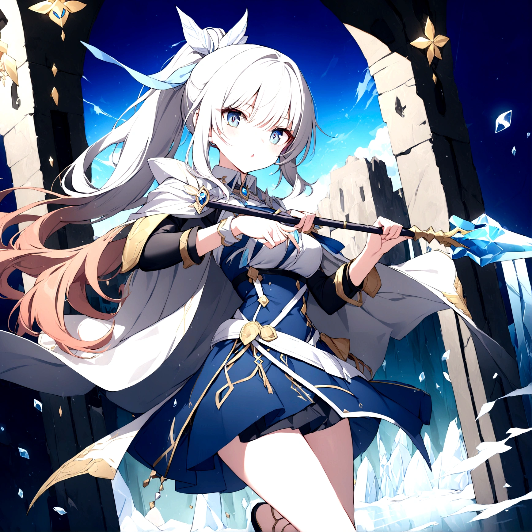 (1girl, Masterpiece, best quality) (detailed and beautiful eyes:1.6) (perfect hands, perfect anatomy) (full body)) Fierce warrior girl with long white hair in a high ponytail and striking red eyes. She wears sleek, modern armor in blue and black with gold and silver details, and a white, high-collared cape with blue and gold accents. She holds a long spear in her right hand and points forward with her left hand. The background should be an icy landscape with crystalline formations and a cold, blue sky, reflecting light off the ice for a mystical atmosphere. Capture her determined and focused expression, conveying a sense of readiness and strength.