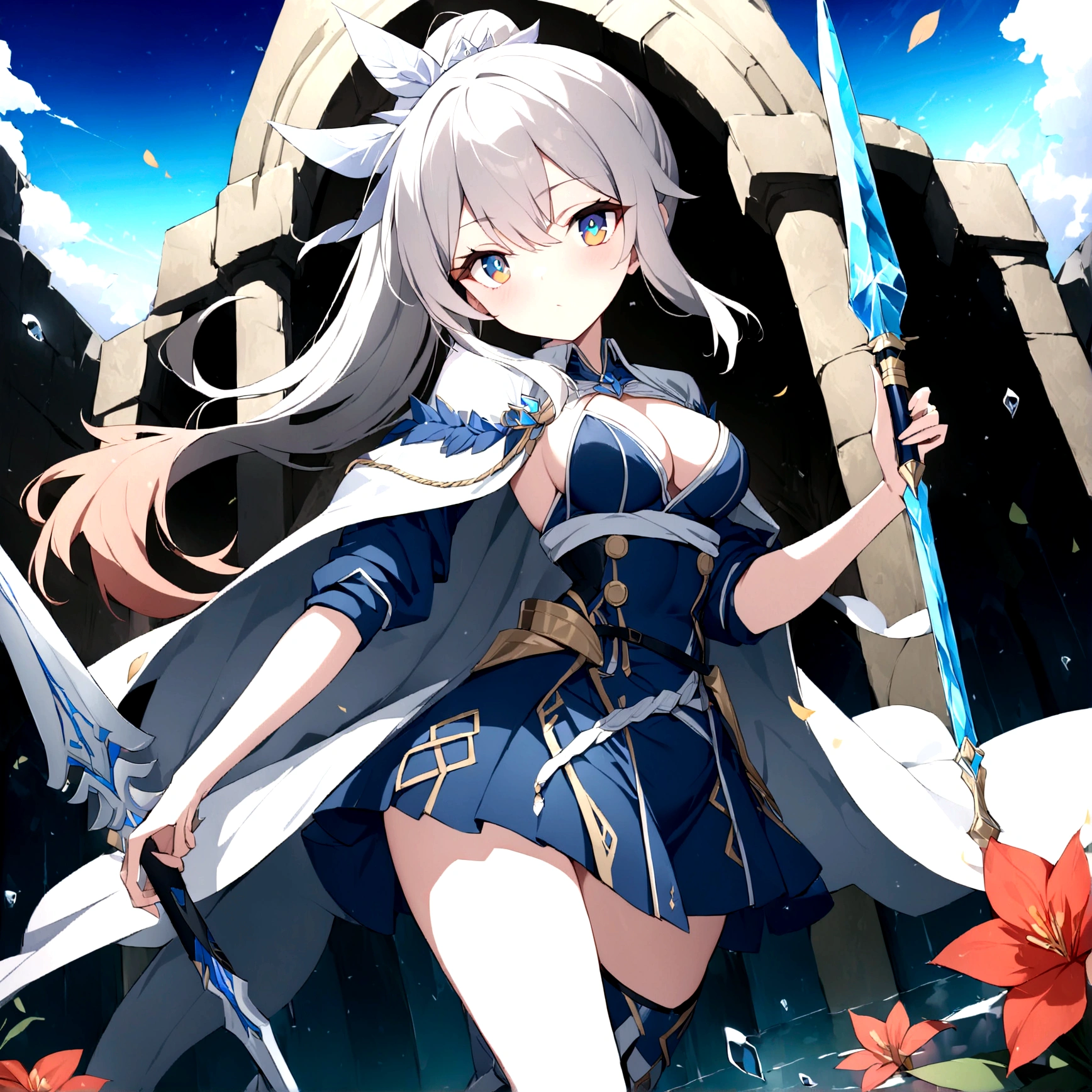 (1girl, Masterpiece, best quality) (detailed and beautiful eyes:1.6) (perfect hands, perfect anatomy) (full body)) Fierce warrior girl with long white hair in a high ponytail and striking red eyes. She wears sleek, modern armor in blue and black with gold and silver details, and a white, high-collared cape with blue and gold accents. She holds a long spear in her right hand and points forward with her left hand. The background should be an icy landscape with crystalline formations and a cold, blue sky, reflecting light off the ice for a mystical atmosphere. Capture her determined and focused expression, conveying a sense of readiness and strength.