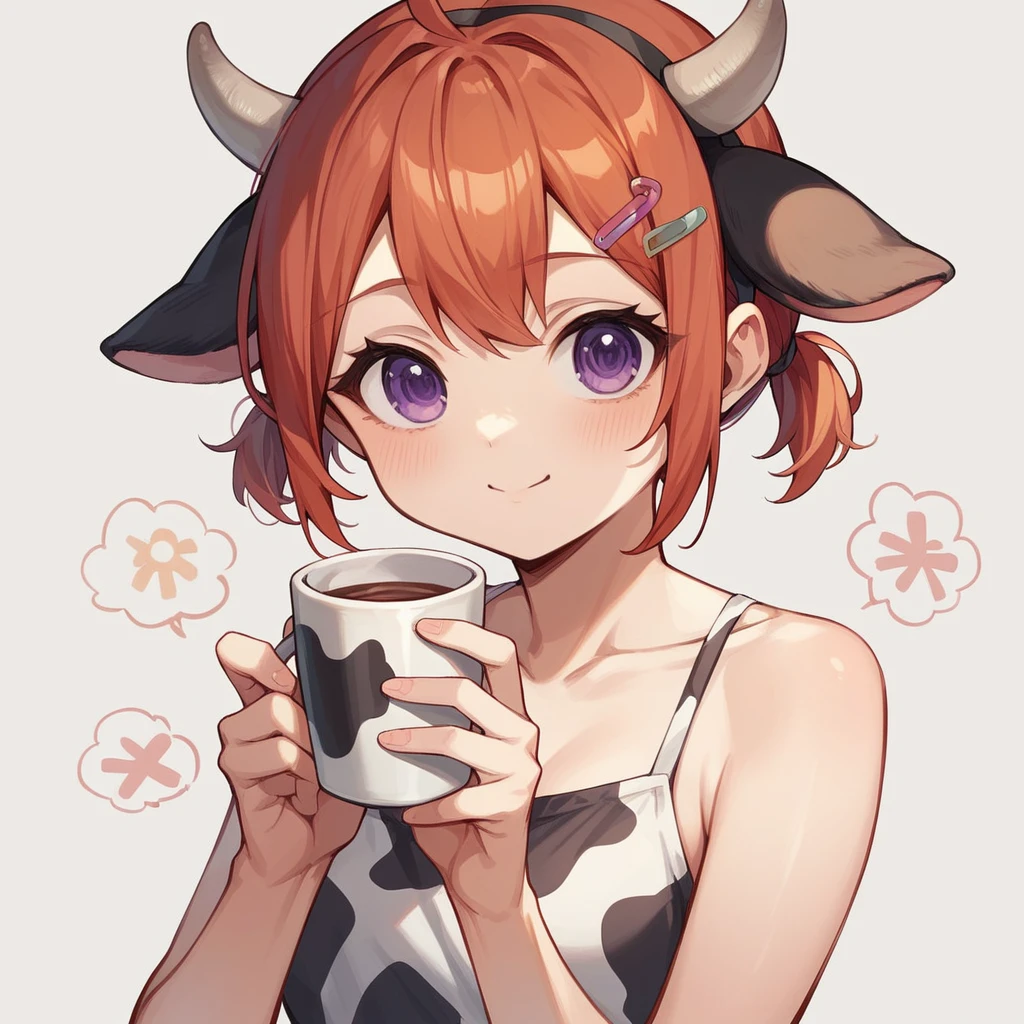 "cute, cute,1 Girl, Short Twin Tails, Redhead, Purple eyes,  Cow motif、Her outfit is fluffy and soft., Comes with hair clips and other accessories. Cow print clothing、J Cup、Cow horns grow、Solid color background