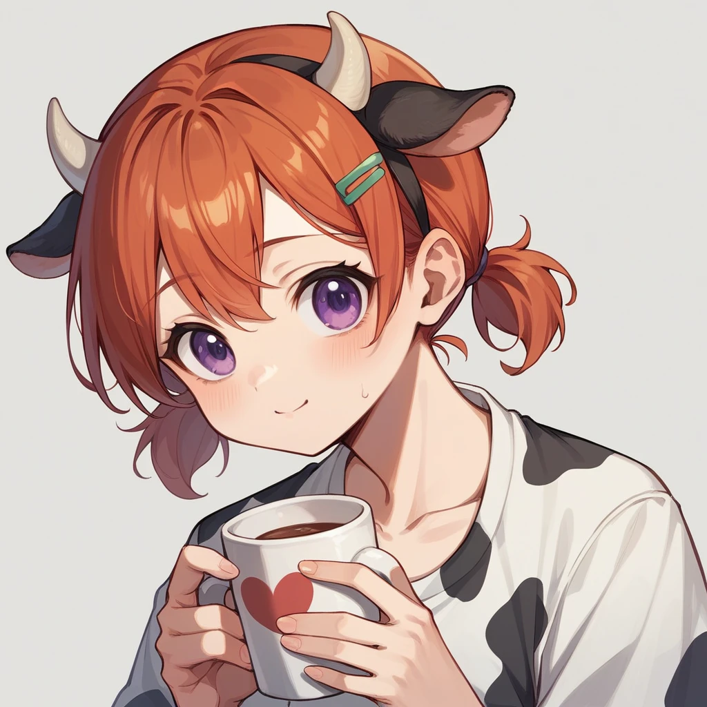 "cute, cute,1 Girl, Short Twin Tails, Redhead, Purple eyes,  Cow motif、Her outfit is fluffy and soft., Comes with hair clips and other accessories. Cow print clothing、J Cup、Cow horns grow、Solid color background