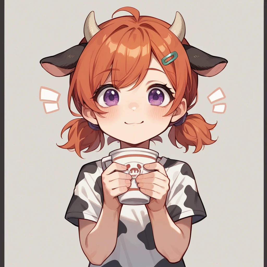 "cute, cute,1 Girl, Short Twin Tails, Redhead, Purple eyes,  Cow motif、Her outfit is fluffy and soft., Comes with hair clips and other accessories. Cow print clothing、J Cup、Cow horns grow、Solid color background