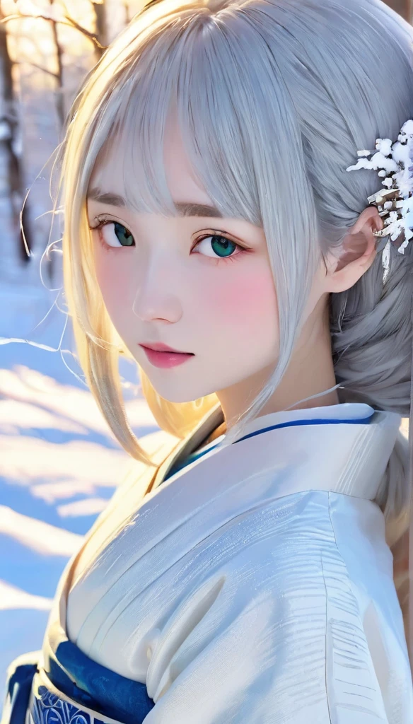 (kimono)、Japanese clothing、(highest quality,masterpiece:1.3,超A high resolution,),(Very detailed,Caustics),(Realistic:1.4,RAW shooting,)Ultra-Realistic Capture,Very detailed,High resolution 16K suitable for human skin、 Natural skin texture、、Skin tone is even and healthy looking、 Use natural light and color,One Woman,Japanese,,cute,Beautiful silky silver hair,Medium Hair,(Written boundary depth、chromatic aberration、Wide lighting range、Natural Shading、)、(Hair swaying in the wind:1.3)、(Snow reflects light:1.3), uniform
