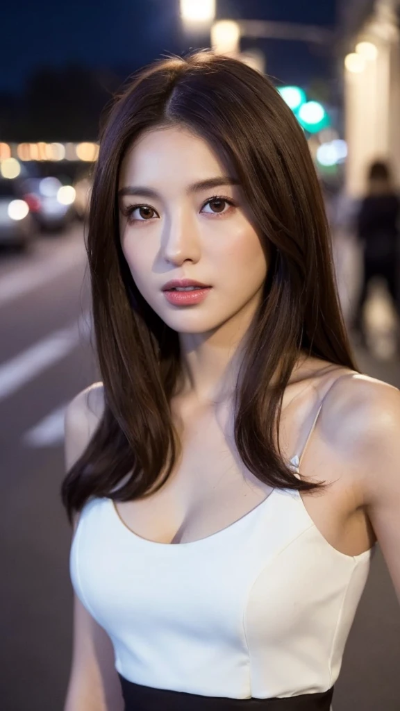 ((Realistic lighting, Best quality, 8K, Masterpiece: 1.3)), Focus: 1.2, 1girl, Perfect Figure: 1.4, Slim Abs: 1.1, ((Dark brown hair)), (White dress: 1.4), (Outdoor, Night: 1.1), City streets, Super fine face, Fine eyes, Double eyelids,