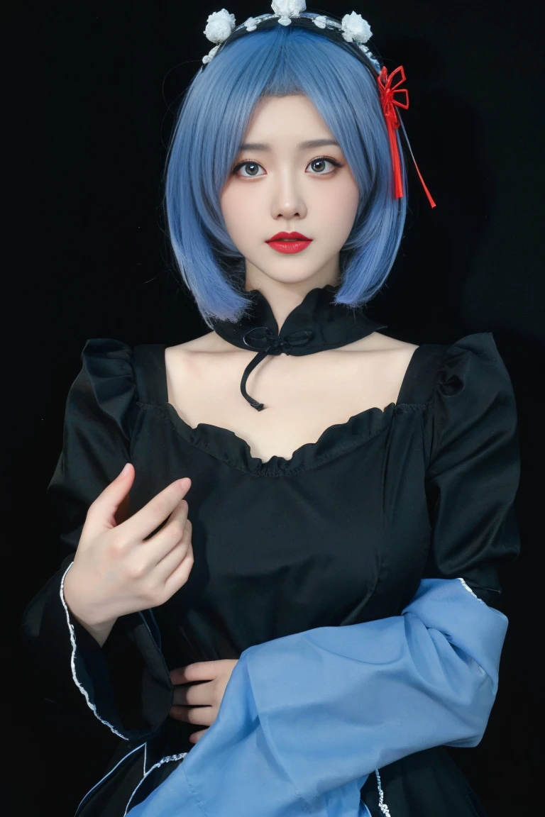 best quality, tmasterpiece,Ultra-high resolution,Clear face,（Reality：1.4），ferpect lighting，(upper body:1.3), (photorealistic:1.50), anime wallpaper, Guviz style artwork, cover-up fantasy up to magic , by Yang J, Guviz, beautiful artwork illustration, beautiful digital artwork, beautiful digital illustration, Li Song, beautiful anime portrait, art style in Beauvot, black nightgown, see-through, yinziping,1girl, 独奏, (blue hair:1.5), short hair, hair ornament, hair ribbon, anklet, dress, black hair, standing, (Chinese dress:1.3), black dress, Hanfu, cheongsam,
