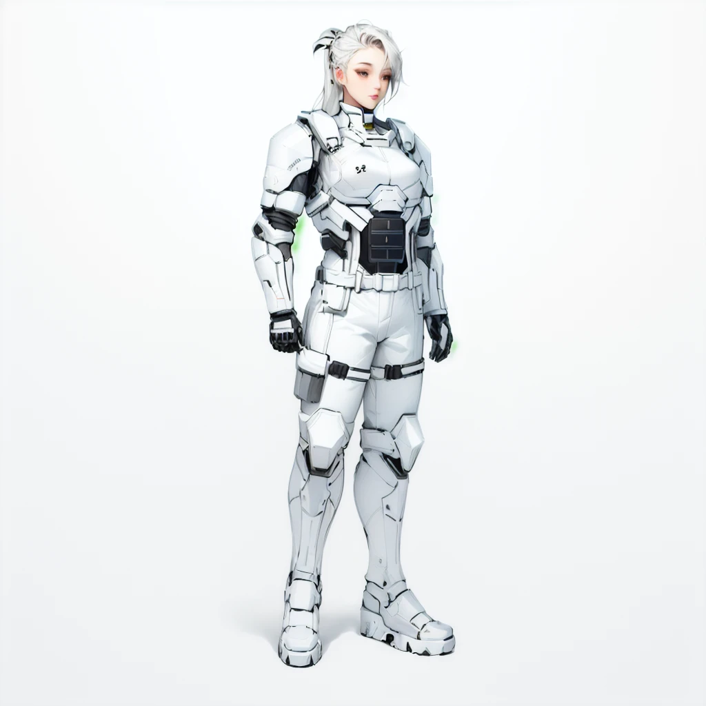 Enhance render style, female full white uniform, dark white outfit, grey color scheme, monochrome, white background,