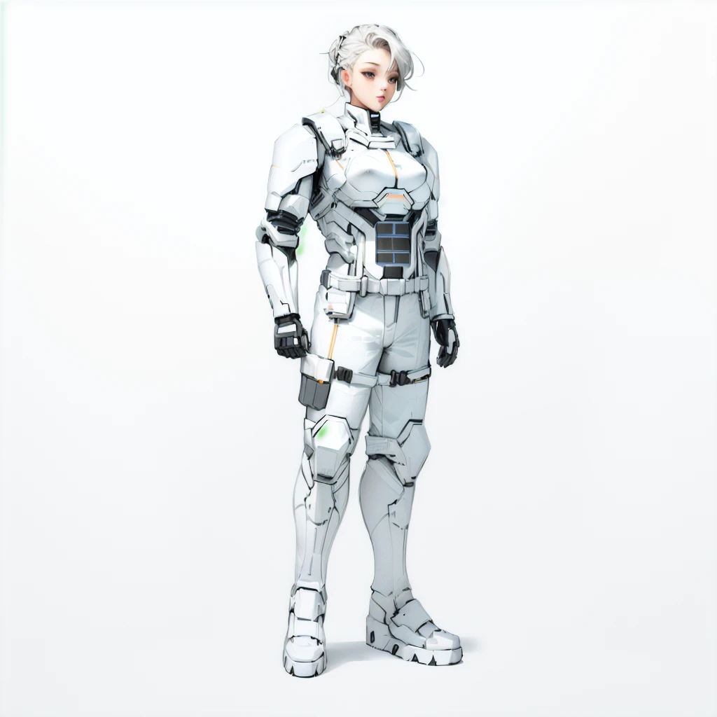 Enhance render style, female full white uniform, dark white outfit, grey color scheme, monochrome, white background,