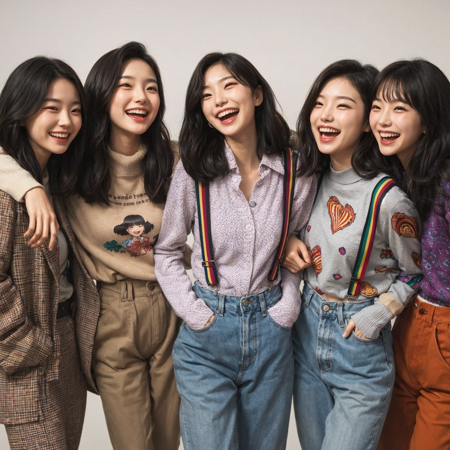 Create a scene featuring a group of five young korean woman enjoying a joyful moment together. They are all standing close, with arms around each other’s shoulders, smiling. The friends are dressed casually in trendy, youthful attire that reflects their individual styles, including a mix of patterned shirts, sweaters, suspenders, and jackets. adding to the relaxed and happy atmospher, Emphasize the sense of camaraderie and the fun they are having together.