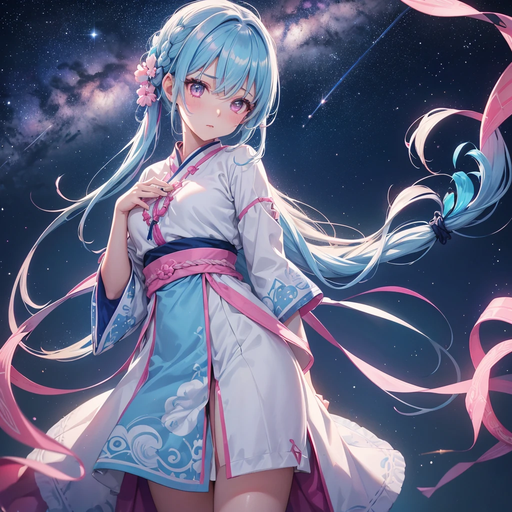 Sky blue hair, Braided Ponytail,(Pink Eyes),Fair skin ,(whole body),(One girl),Hanfu,Tanabata,(The beautiful, sparkling Milky Way in the night sky),Lonely Eyes,Straight bangs,(masterpiece, Highest quality, Very detailed, Best Shadow), (Detailed Background), (Beautifully detailed face), High Contrast, (Best lighting, Very delicate and beautiful), ((Cinematic Light)), colorful, Hyper Detail, Dramatic Light, Intricate details,
