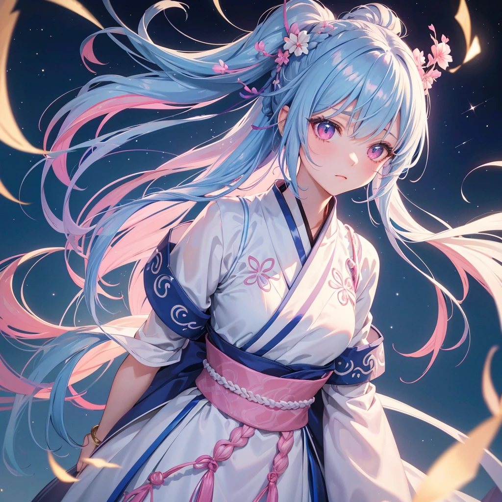 Sky blue hair, Braided Ponytail,(Pink Eyes),Fair skin ,(whole body),(One girl),Hanfu,Tanabata,(The beautiful, sparkling Milky Way in the night sky),Lonely Eyes,Straight bangs,(masterpiece, Highest quality, Very detailed, Best Shadow), (Detailed Background), (Beautifully detailed face), High Contrast, (Best lighting, Very delicate and beautiful), ((Cinematic Light)), colorful, Hyper Detail, Dramatic Light, Intricate details,