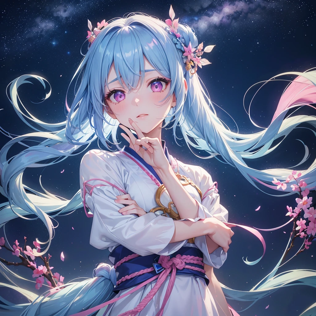 Sky blue hair, Braided Ponytail,(Pink Eyes),Fair skin ,(whole body),(One girl),Hanfu,Tanabata,(The beautiful, sparkling Milky Way in the night sky),Lonely Eyes,Straight bangs,(masterpiece, Highest quality, Very detailed, Best Shadow), (Detailed Background), (Beautifully detailed face), High Contrast, (Best lighting, Very delicate and beautiful), ((Cinematic Light)), colorful, Hyper Detail, Dramatic Light, Intricate details,