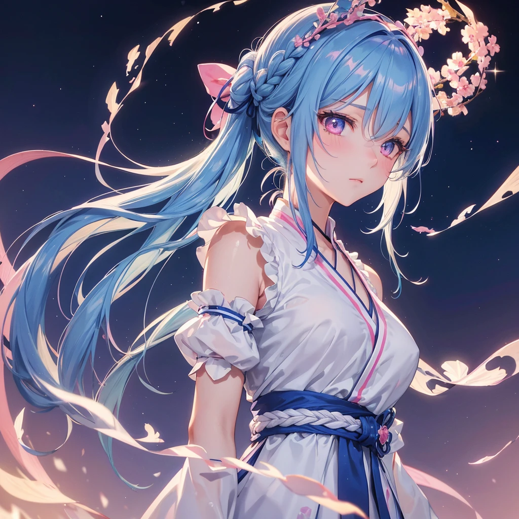 Sky blue hair, Braided Ponytail,(Pink Eyes),Fair skin ,(whole body),(One girl),Hanfu,Tanabata,(The beautiful, sparkling Milky Way in the night sky),Lonely Eyes,Straight bangs,(masterpiece, Highest quality, Very detailed, Best Shadow), (Detailed Background), (Beautifully detailed face), High Contrast, (Best lighting, Very delicate and beautiful), ((Cinematic Light)), colorful, Hyper Detail, Dramatic Light, Intricate details,