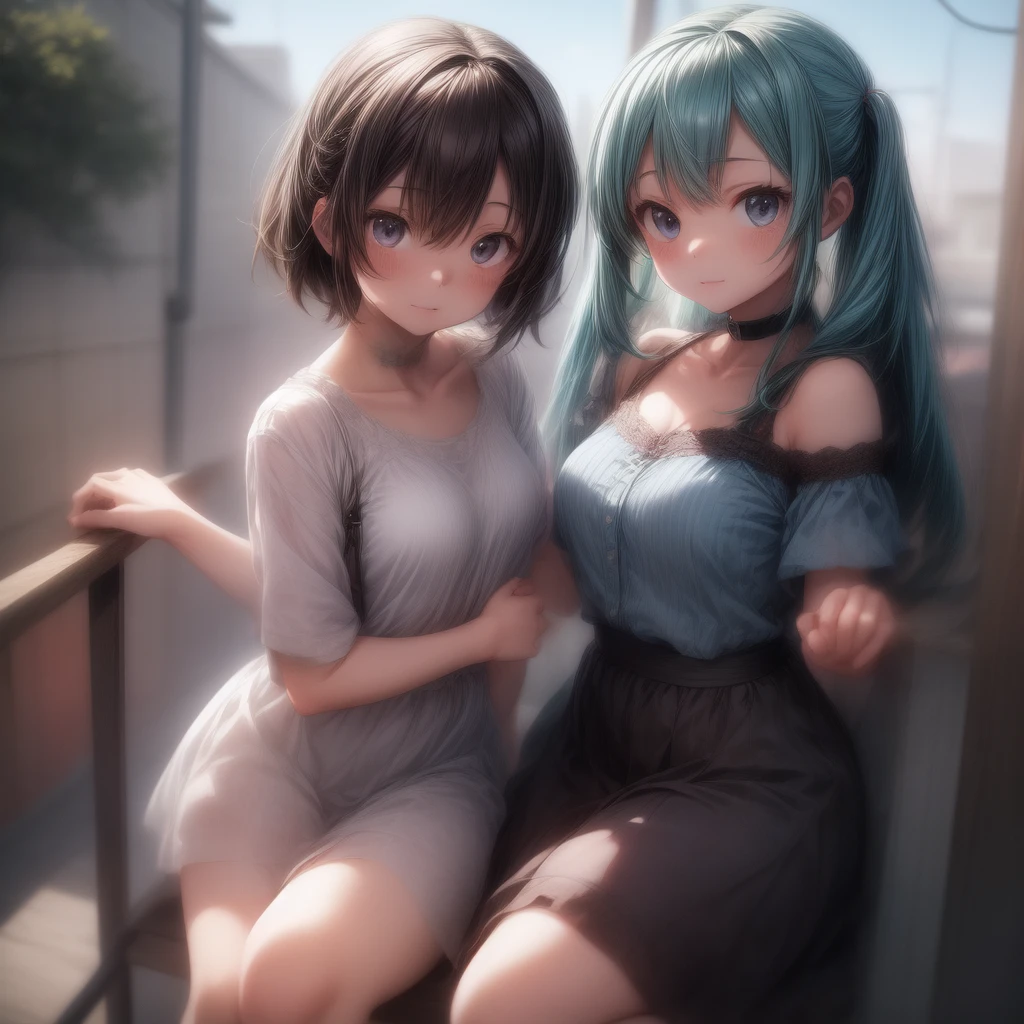 The background is in the style of Makoto Shinkai, with the viewer sitting in nature under a clear blue sky.。
A woman wearing an off-the-shoulder dress。
The color of the dress is white。
A sexy, mature atmosphere reminiscent of Minato Ward girls。
Hair is straight。