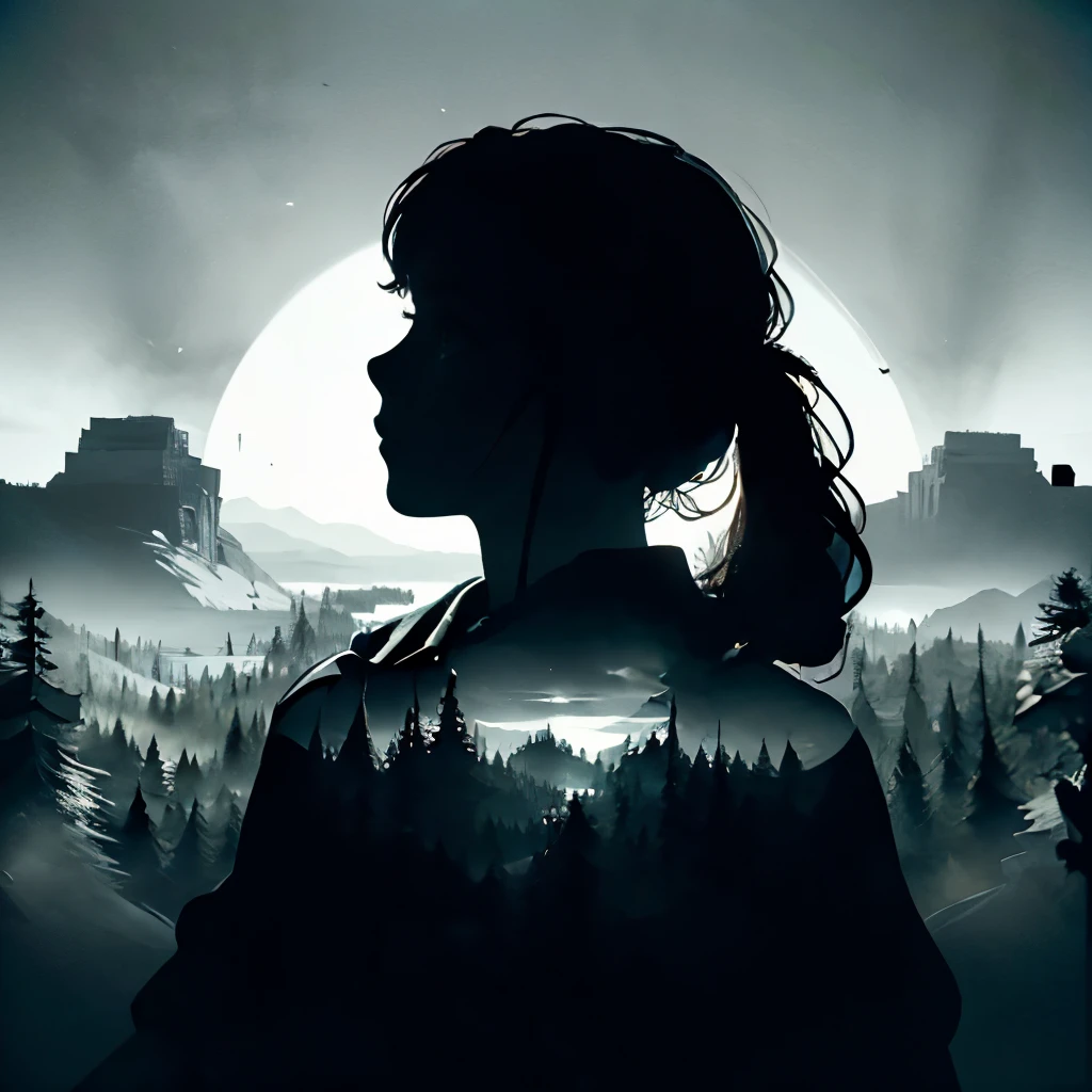 Firewatch style landscape enclosed in human silhouette, minimalism, monochrome background