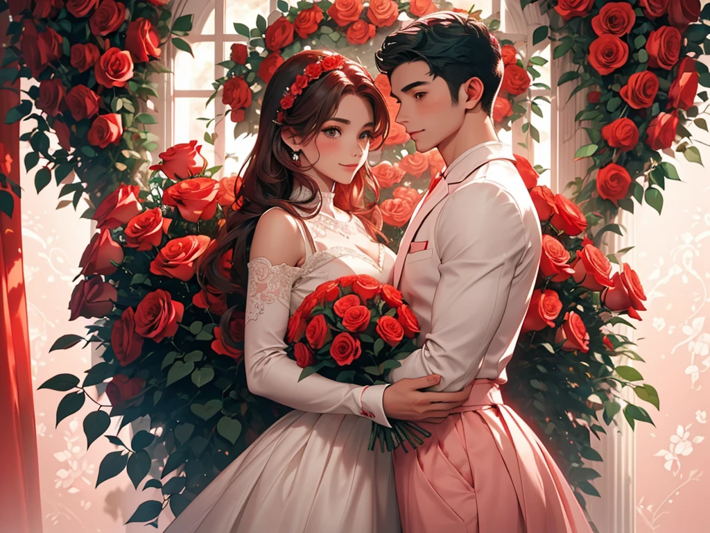 The image depicts a person holding a large, heart-shaped arrangement of red roses against a teal background. The individual is wearing a pale pink or white outfit that contrasts with the vibrant red roses. The overall scene exudes a romantic and perhaps celebratory atmosphere.