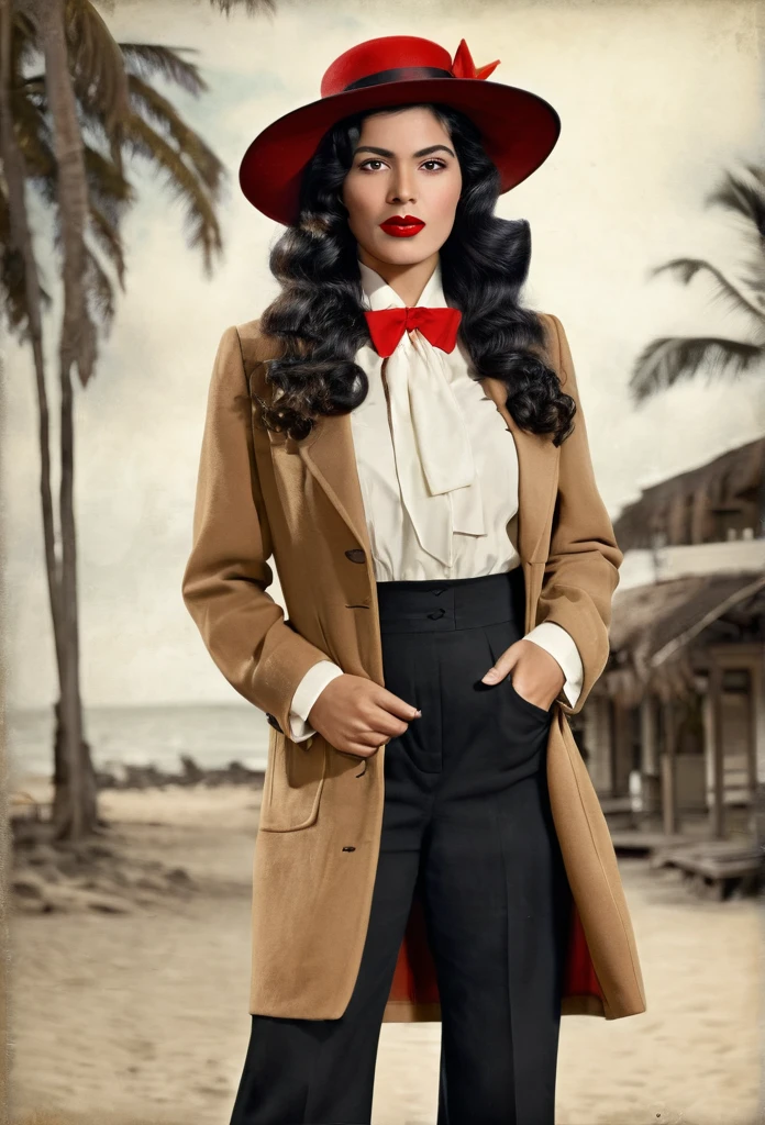 Create a realistic image vintage of a 1930s Colombian woman poderosa, brava with long wavy black hair and hairstyle , With light brown eyes, black dress pants, white blouse with bow tie , black red coat, black boots up to the ankle, coconut hat on head red lipstick, with pistol not in hand.