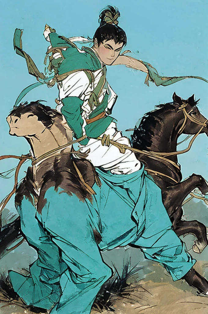 The bronze galloping horse of the Eastern Han Dynasty, in turquoise green, was a boy of twenty years old, with the same hands and feet, all over his body, with a simple background,