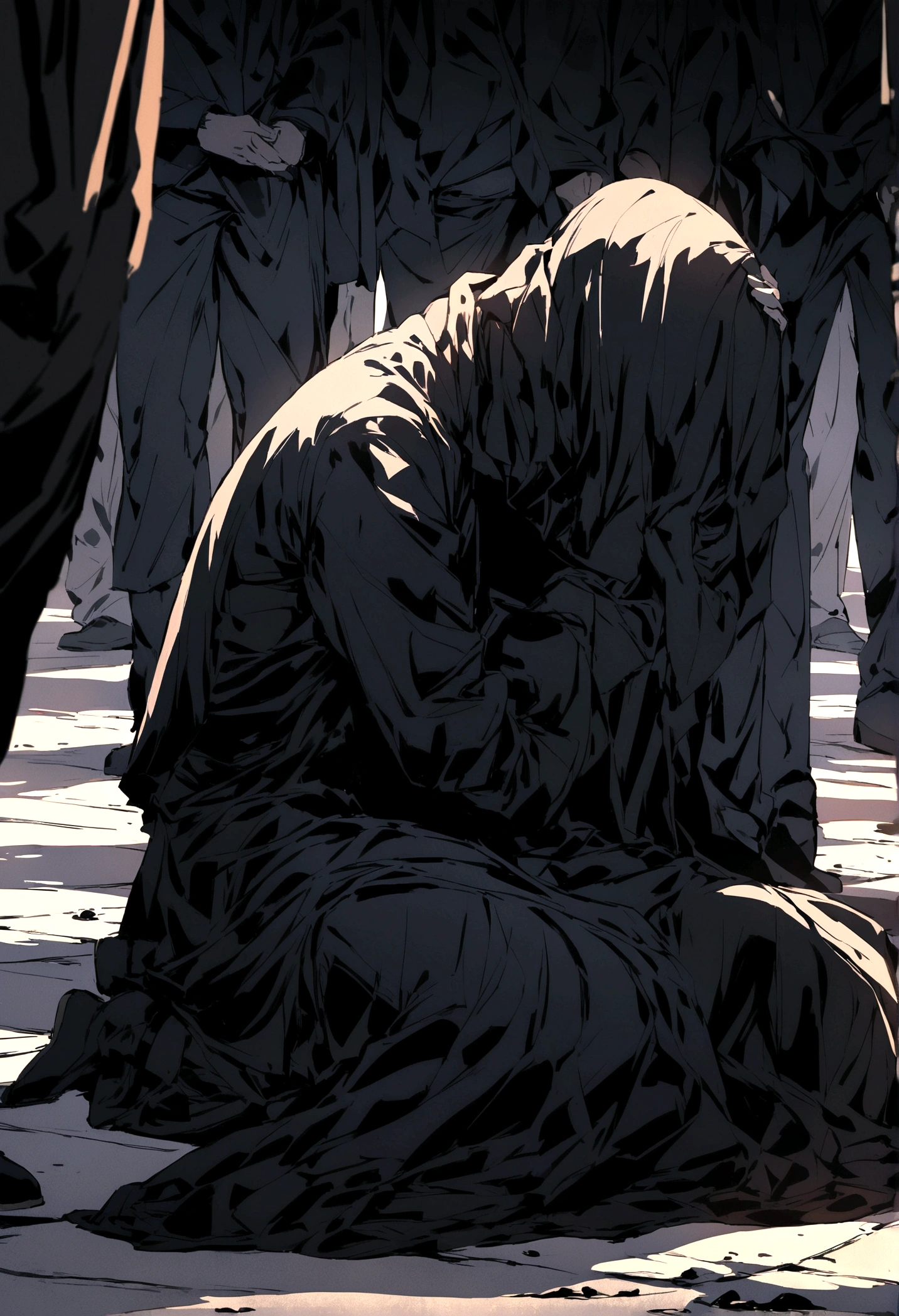 People dressed in black covered their faces and held their heads, kneeling on the ground in pain