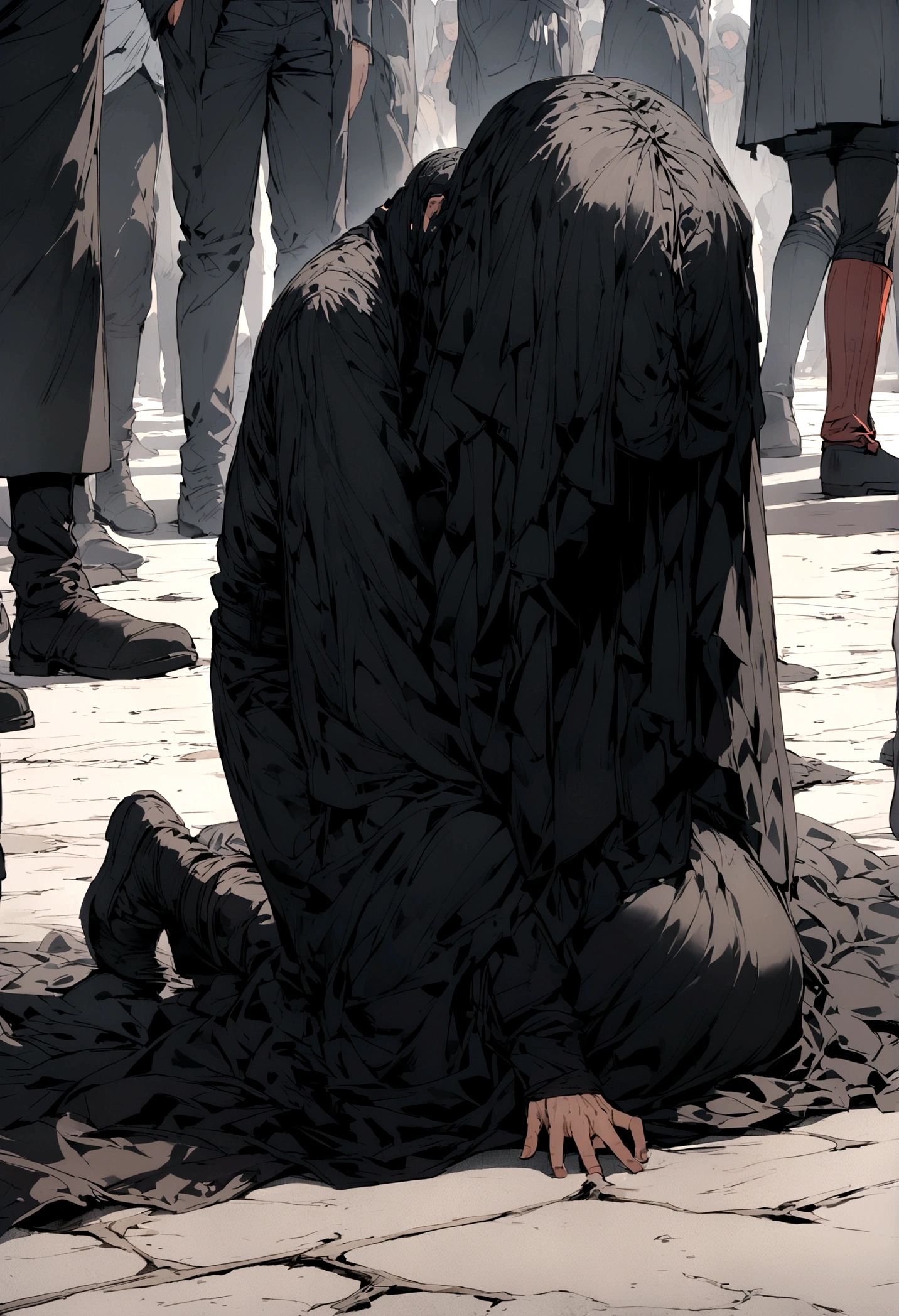 People dressed in black covered their faces and held their heads, kneeling on the ground in pain 