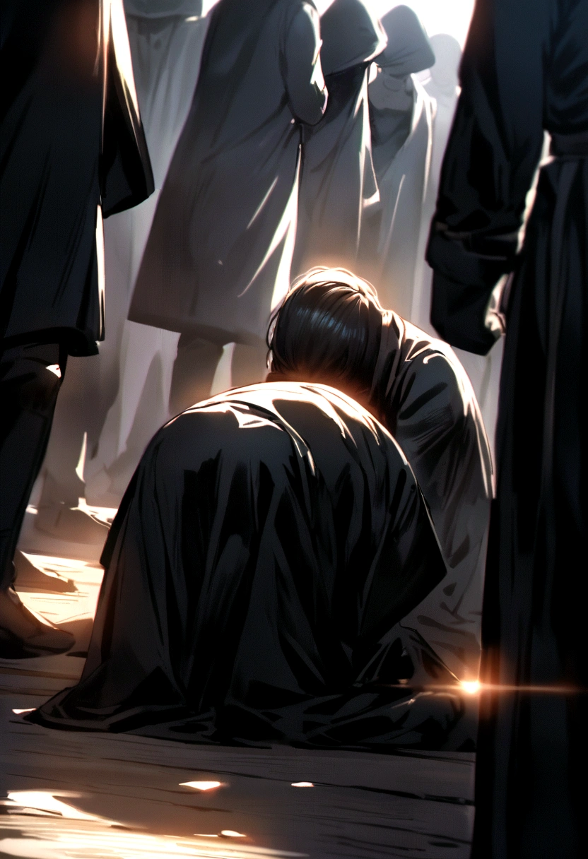 People dressed in black covered their faces and held their heads, kneeling on the ground in pain 