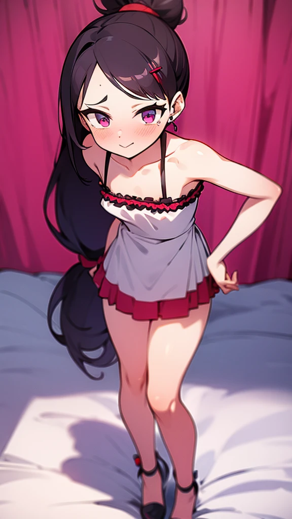 High tail hairstyle, Ponytail hairstyle, Long wavy black hair, standing posing, anime girl style, pixel art anime style,penetrating look with deep eyes,red and purple eyes, hair with a ponytail hairstyle trapped with a big red bun, women, red hair clips, x color shaped hair clips , smiling face blush, next to his bed, Skirt, tank top, Black hair, big thighs, NSFW, Skirt fluttering in the wind, perfect panty, look down, camera looking from bottom to top, viento levantando su Skirt haciendo que se le vea el panty, hands in fist behind her, viento moviendo su Skirt, Skirt levantada 