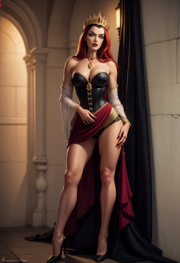 a woman with long crimson hair, wearing a long green dress with a leg slit, intricate corset, beautiful detailed eyes, beautiful detailed lips, extremely detailed face, longeyelashes, elegant pose, graceful movement, breathtaking, detailed and realistic, oil painting, dramatic lighting, warm color palette, cinematic composition, masterpiece, 8k, high quality