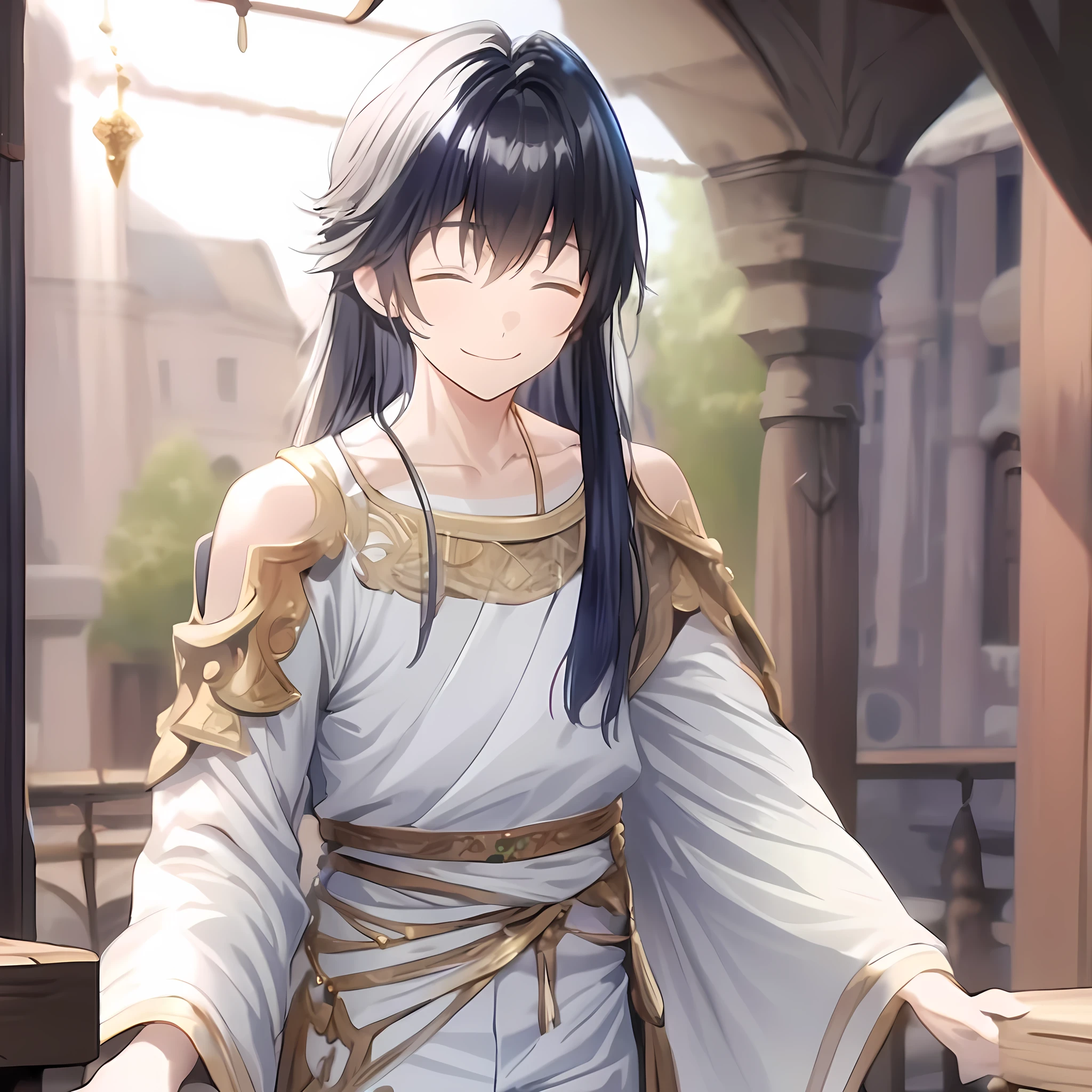 ((masterpiece)), ((1boy)), Anime-style image of a man with long black hair and white clothing, Thread, smile, Priest of Another World, 13-year-old boy, White clothes with gold decoration, Mysterious beautiful boy, (Super detailed)