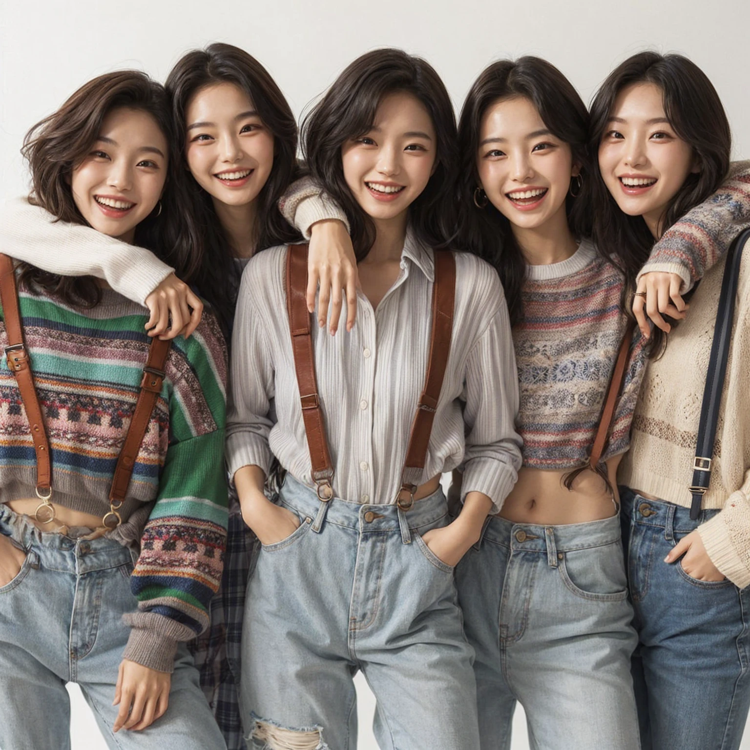 Create a scene featuring a group of five young korean woman enjoying a joyful moment together. They are all standing close, with arms around each other’s shoulders, smiling. The friends are dressed casually in trendy, youthful attire that reflects their individual styles, including a mix of patterned shirts, sweaters, suspenders, and jackets. adding to the relaxed and happy atmospher, Emphasize the sense of camaraderie and the fun they are having together.