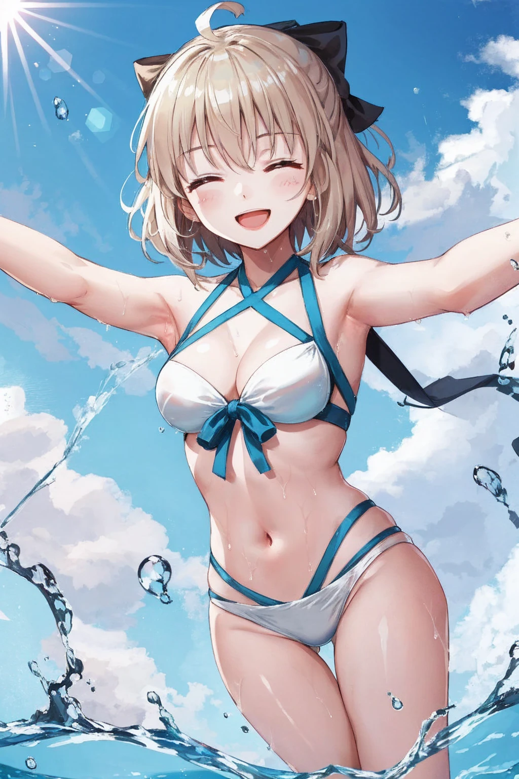 masterpiece, best quality,extremely detailed CG unity 8k wallpaper,
1girl,okita souji \(fate\), swimsuit,bikini,
 smile,open_mouth,dynamic_jumping,sunlight,splash_of_water,happy,closed_eyes,selfie