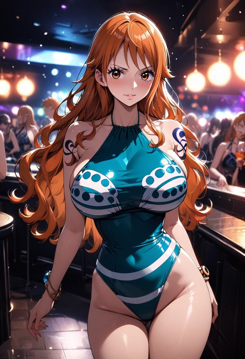 masterpiece, best quality), intricate details, 1 girl, woman, orange hair, nami \ (one piece\), (long hair), clothes, wearing evening dress, luxury nightclub, scenery, ((front view)) ((close up shot)) ((solo)), detailed, very high resolution, no blurry image, full body, orange eyes, sligh wavy hair, ((nami from one piece)) ((female nami from one piece)), (swimsuit), (huge breasts)