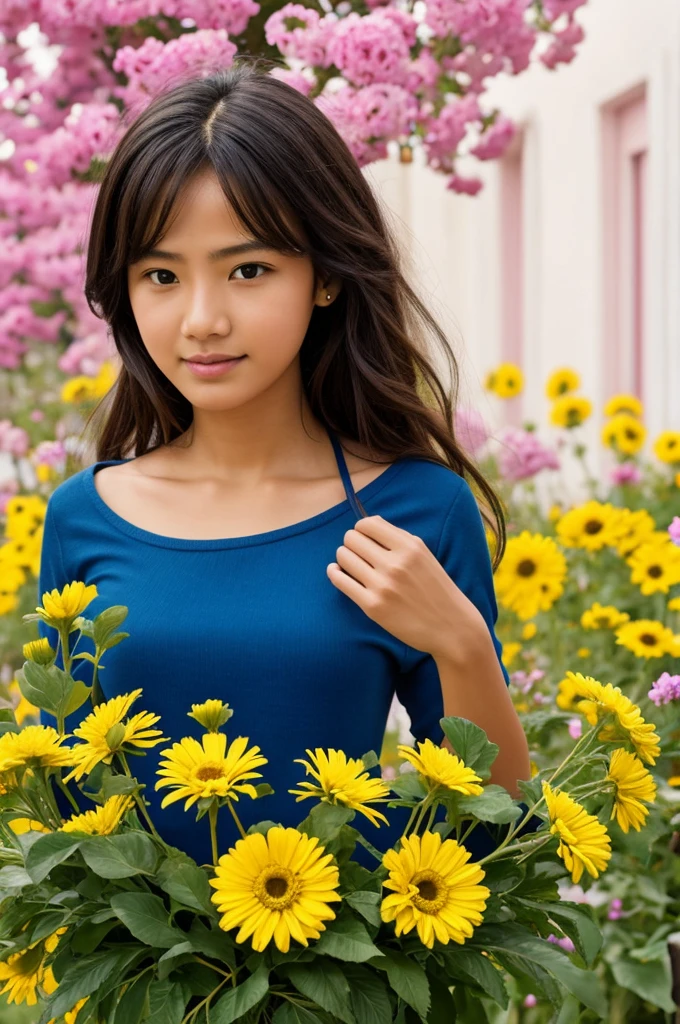 Beautiful 18 year old woman holds flowers. Behind her are colorful flowers. Pixar style.