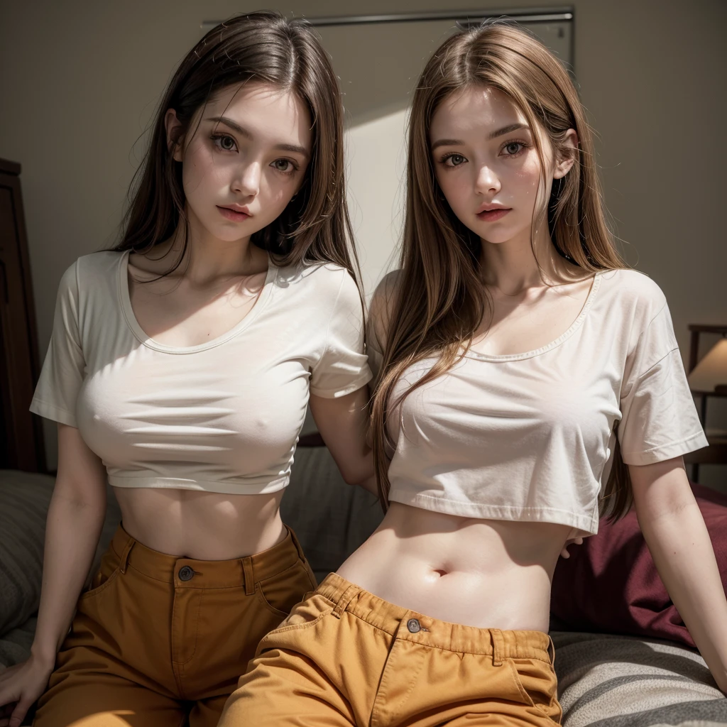 A beautiful young woman, in her late 20's, dimly lit room, candlelight, pale white skin, long light brown hair, orange eyes, wearing loose fitting brown cargo pants, wearing a red cropped t-shirt, exposed midriff, 8k UHD, extremely detailed, well lit