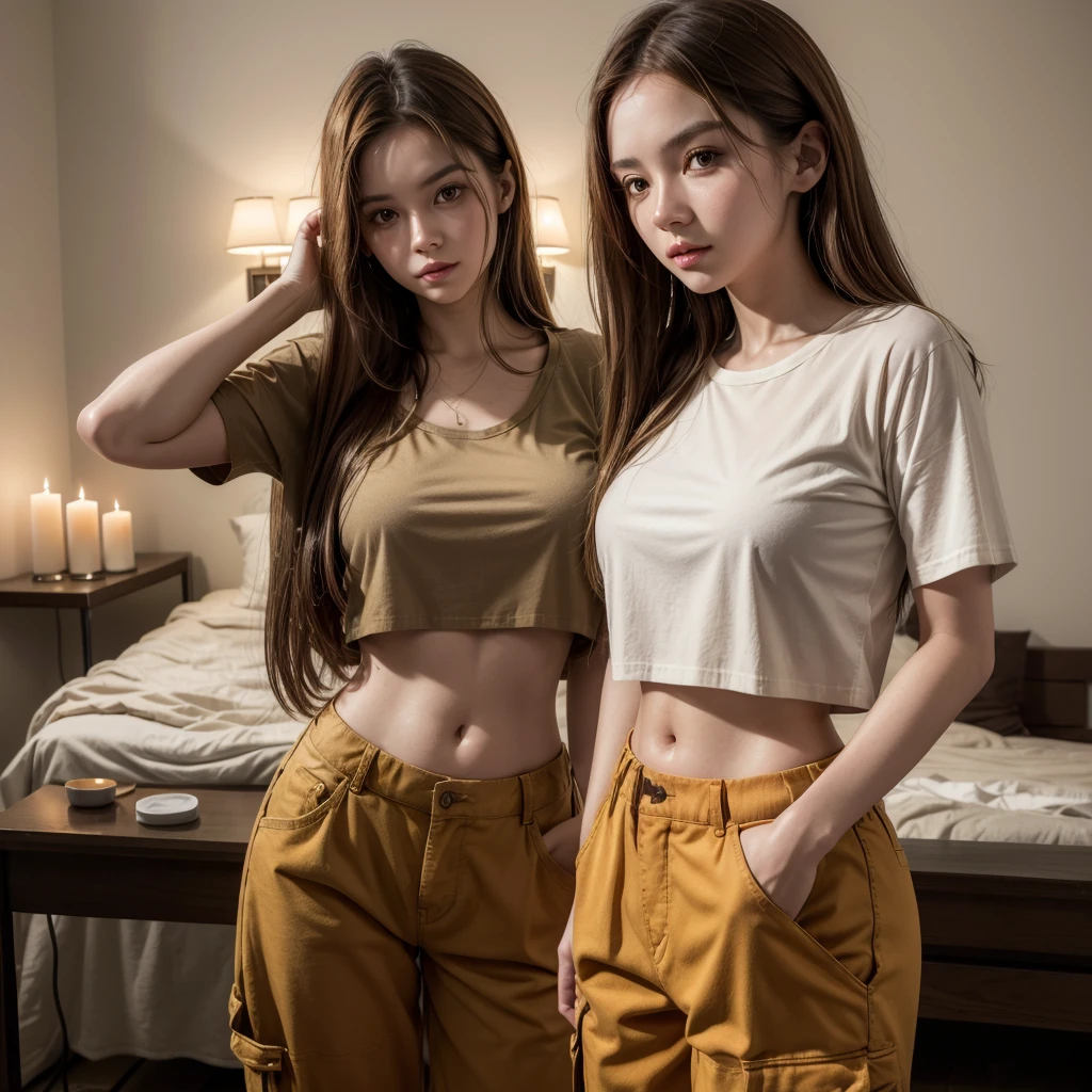 A beautiful young woman, in her late 20's, dimly lit room, candlelight, pale white skin, long light brown hair, orange eyes, wearing loose fitting brown cargo pants, wearing a red cropped t-shirt, exposed midriff, 8k UHD, extremely detailed, well lit