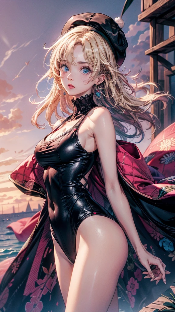 best quality, masterpiece, ultra high res,beret, pink and black one piece and blonde hair and blue eyes, extreme detail, 4k,