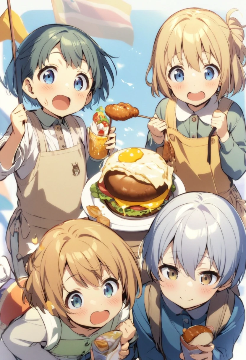girl,Ten years old、 cute, short hair, Big blue eyes, Melted cheese hamburger、Children's lunch、Children's lunchをおいしそうに食べる、Fried Shrimp、Chicken rice with flag、Pudding、
