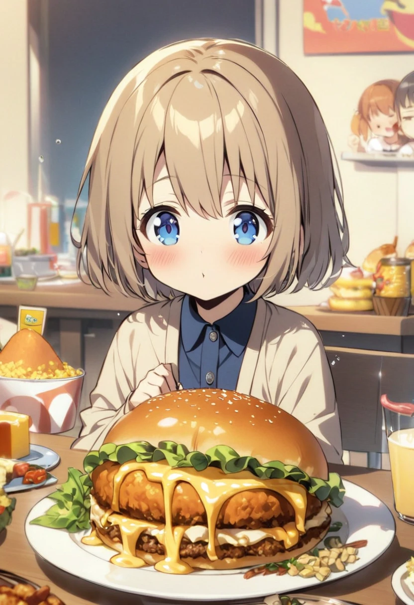 girl,Ten years old、 cute, short hair, Big blue eyes, Melted cheese hamburger、Children's lunch、Children's lunchをおいしそうに食べる、Fried Shrimp、Chicken rice with flag、Pudding、