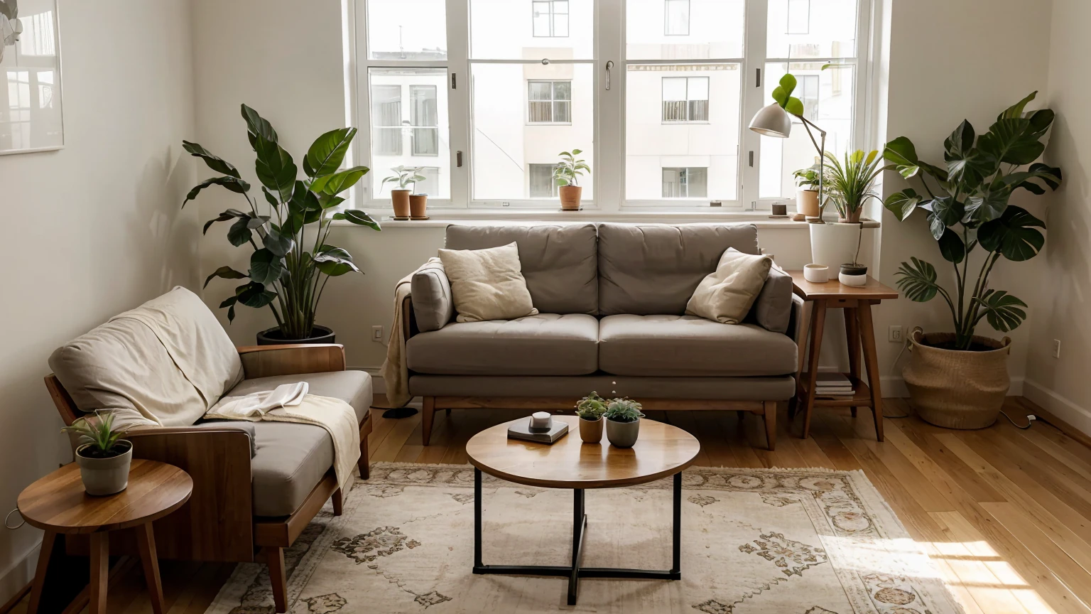 a cozy,minimalist living room, comfortable armchair, wooden desk, laptop, houseplants, warm lighting, natural light, modern,clean,airy,relaxing atmosphere, productive workspace, working professional