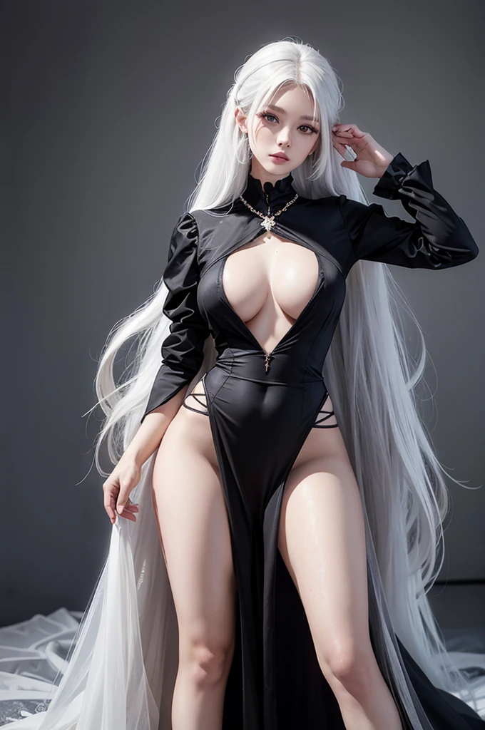 Photorealistic, High resolution, 1womanl, Solo, hips up high, look at viewr, White hair, Long hair, large full breasts,Dress, (2b Black:1), Black Dress,wedding dress, Jewelry, The tattoo,most beautiful, perfect body, perfect shape,sex position women on top the man, long hair, white hair, fair skin,((she pose for show her beautiful breast)), ((she Spread her legs))