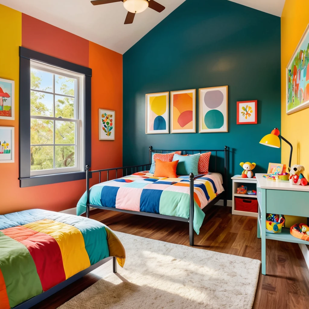inside of a small childs playroom, there is a bed with a colorful comforter, painted walls iron bark, radiant morning light, a picture on a nightstand