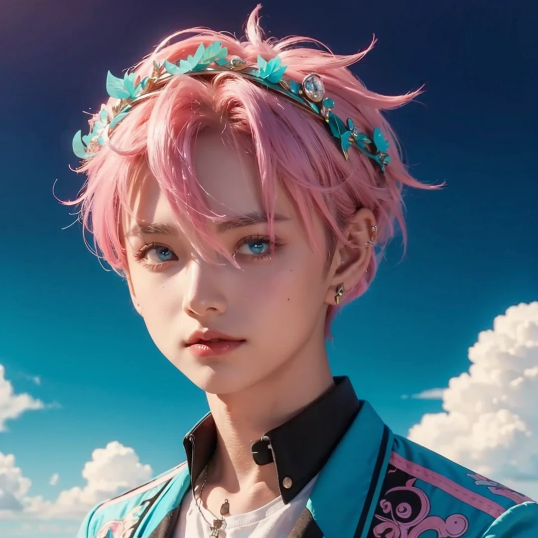 Handsome boy, pink hair, turquoise eyes, wearing turquoise crown, wearing blue jacket with black and pink color