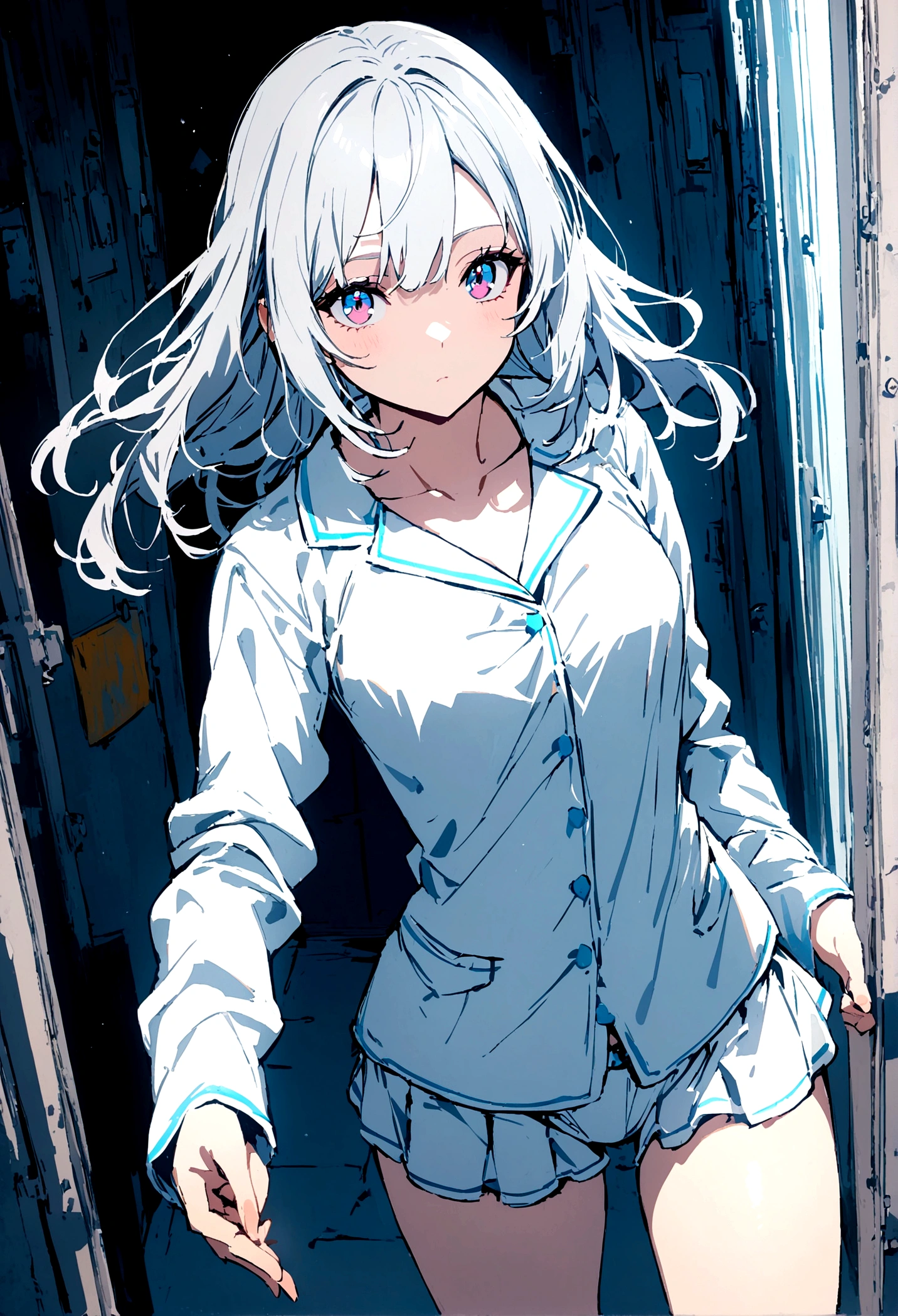 A girl in a short skirt, white pajamas, silver hair