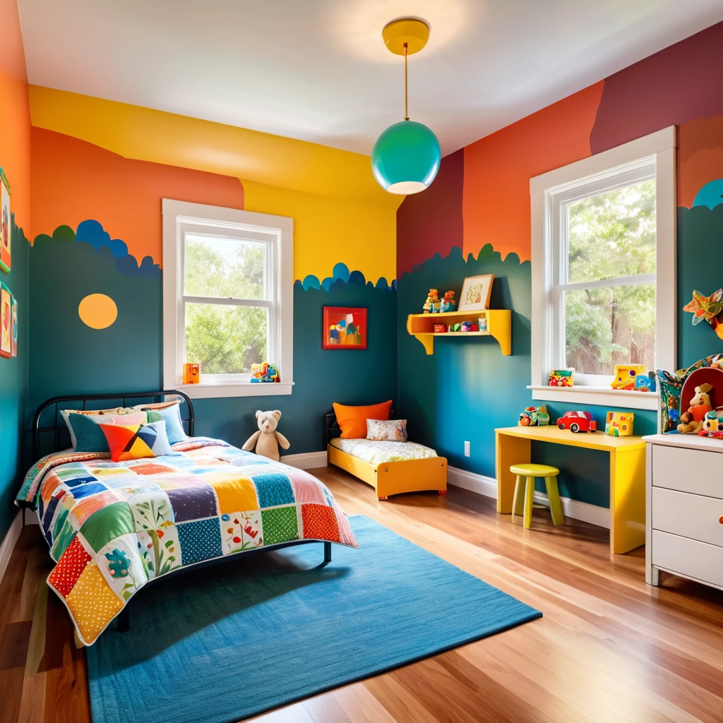 inside of a small childs toyroom, there is a bed with a colorful comforter, painted walls iron bark, radiant morning light, a picture on a nightstand