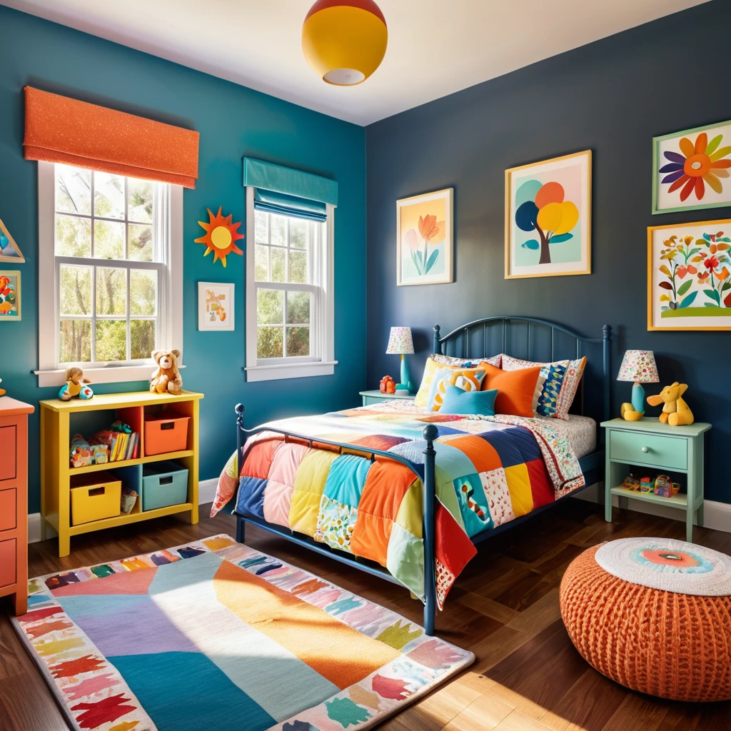 inside of a small childs toyroom, there is a bed with a colorful comforter, painted walls iron bark, radiant morning light, a picture on a nightstand
