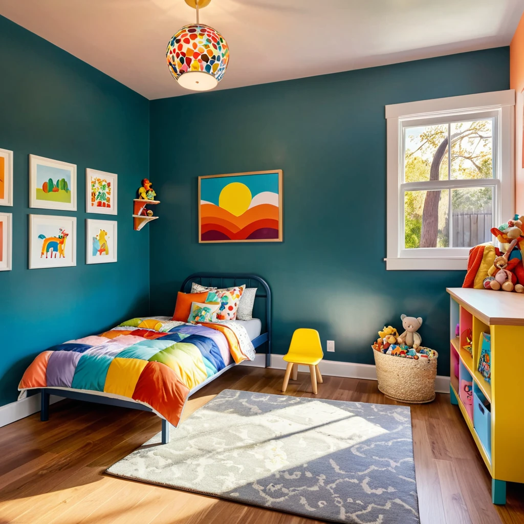 inside of a small childs toyroom, there is a bed with a colorful comforter, painted walls iron bark, radiant morning light, a picture on a nightstand