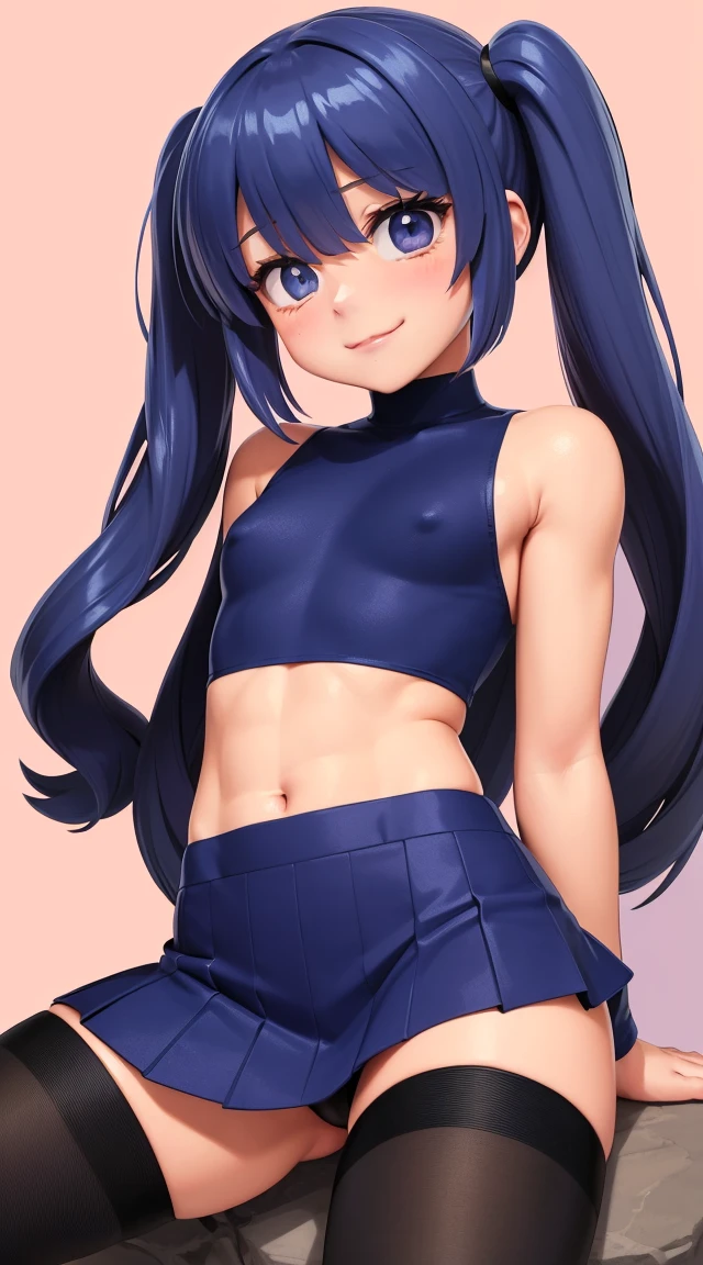 (masterpiece:1.3), (Best Quality:1.3), (Ultra-detailed:1.2), ((kawaii)), Cute, (lovely), ((sexy)), ((Extremely detailed)), 4K, (8K), Best Quality, (Beautiful), Illustration, anime style, (bold line:1.2), Gradation, looking at viewer, //, (bent down:1.1), (arms behind back), //, a cute girl, 1girl, (solo:1.2), gleaming skin, //, (flat chested), (Perfect eyes:1.2), (Perfect iris:1.2), //, darkblue hair color, (beautiful eyes) //, (half closed eyes:1.3), (sexual expression:1.2), Fascinated expression, smile, (blush:1.2), //, modern city background, sit on rock, sailor uniform with skirt, twin tails, muscle girl, hard abs
